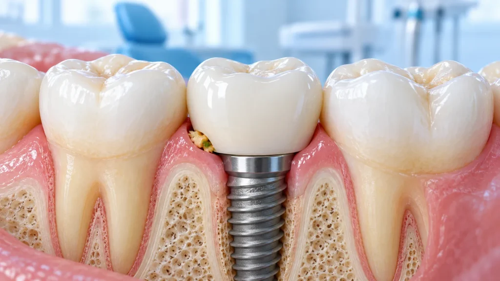 thức ăn mắc dưới mão implant phải làm sao