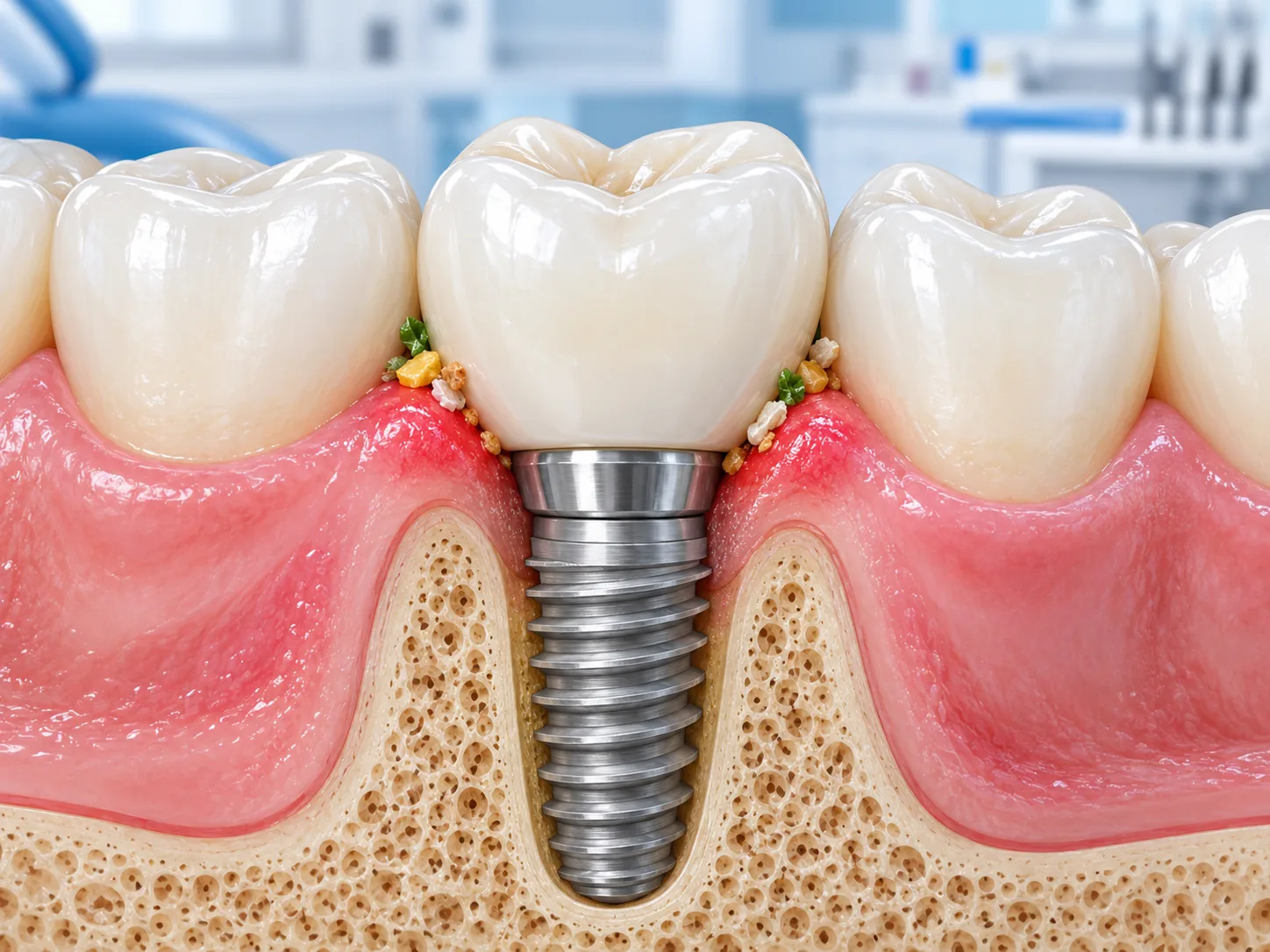 Tác hại của việc thức ăn mắc kẹt dưới mão implant là gì?